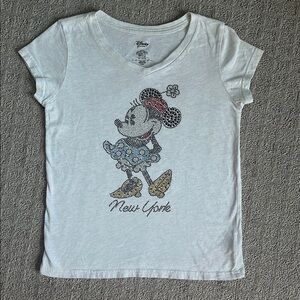 Disney Rhinestone Minnie New York Short Sleeve V Neck T-Shirt Light Gray 9/10